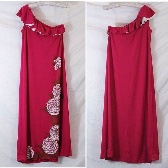 Alfred Shaheen VTG RARE Pink One Shoulder Hand Painted Maxi Dress Size 10 - Picture 3 of 13